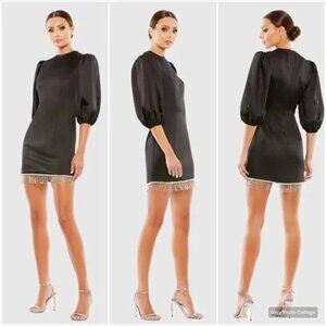 Mac Duggal 26679 Cocktail Party Dress Black Satin Minidress Jewel Fringe Sz‎ 4